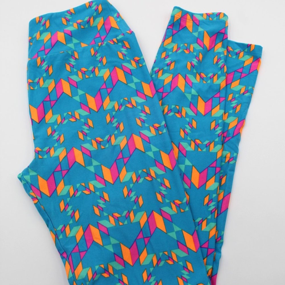 LuLaRoe Leggings One Size OS Buttery Soft & Comfy Light Blue W/ Geometric Shapes